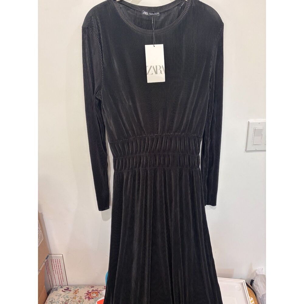 Zara Black Ribbed Midi Dress Shirred Waist Long Sleeve Large NWT